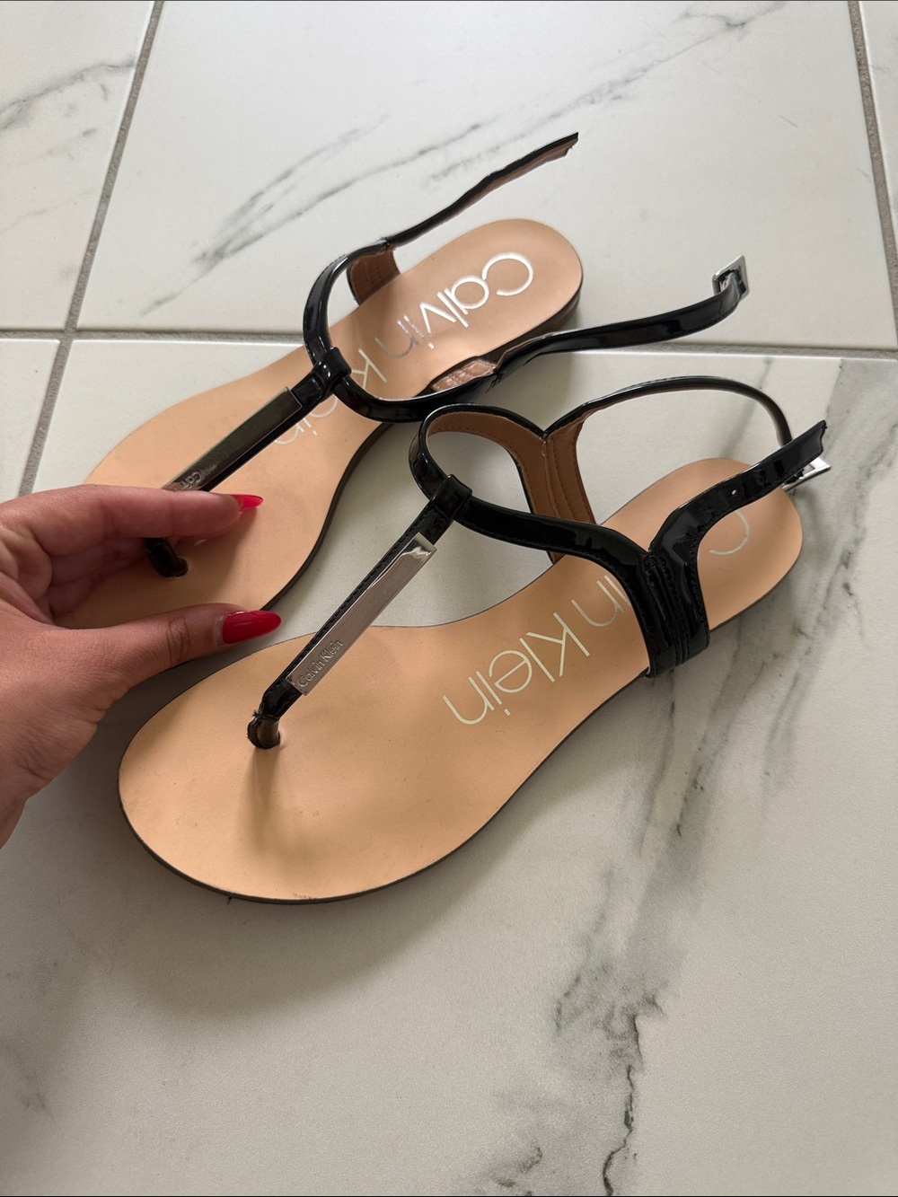 Calvin Klein Black Patent T-Strap Sandals with Metallic Accent